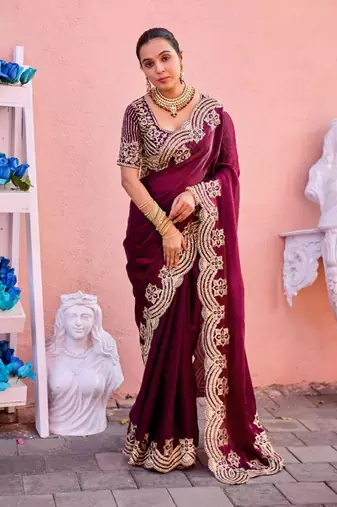 Kanjivaram wine embroidery border fandy satin saree with unstitched blouse
