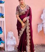 Kanjivaram wine embroidery border fandy satin saree with unstitched blouse