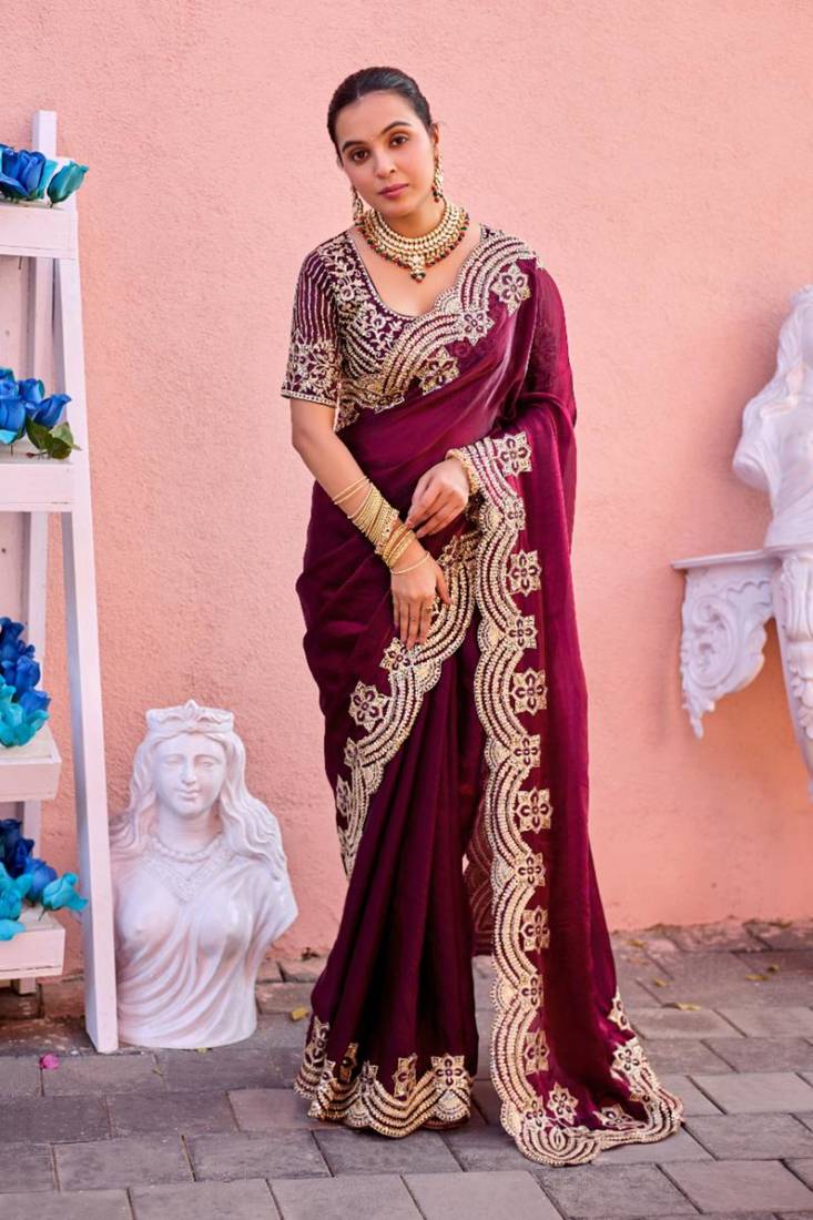 Kanjivaram wine embroidery border fandy satin saree with unstitched blouse