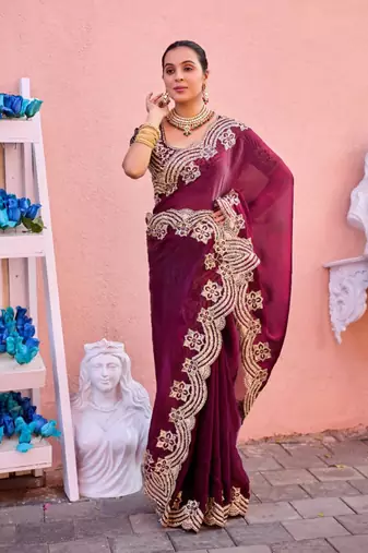 Kanjivaram wine embroidery border fandy satin saree with unstitched blouse