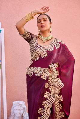 Kanjivaram wine embroidery border fandy satin saree with unstitched blouse 3