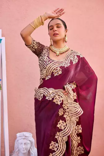 Kanjivaram wine embroidery border fandy satin saree with unstitched blouse