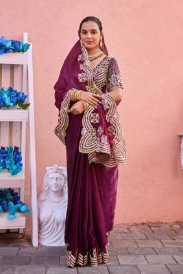 Kanjivaram wine embroidery border fandy satin saree with unstitched blouse 4