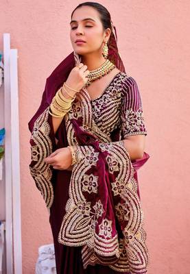 Kanjivaram wine embroidery border fandy satin saree with unstitched blouse 5