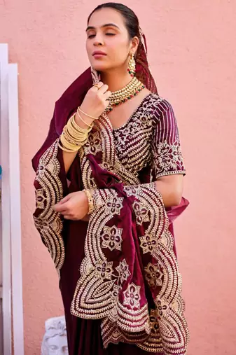 Kanjivaram wine embroidery border fandy satin saree with unstitched blouse