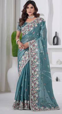 Ethnic firozi embroidery shimmer saree with unstitched blouse 1