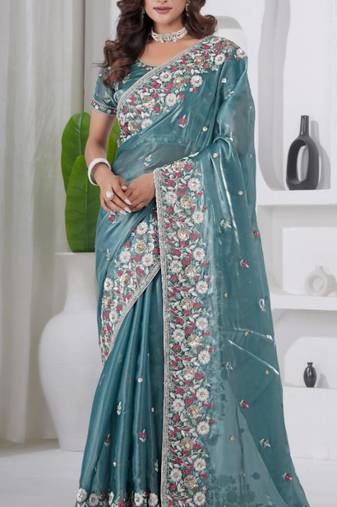 Ethnic firozi embroidery shimmer saree with unstitched blouse