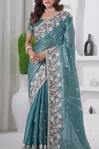 Ethnic firozi embroidery shimmer saree with unstitched blouse