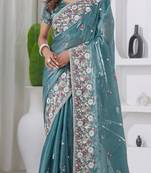 Ethnic firozi embroidery shimmer saree with unstitched blouse