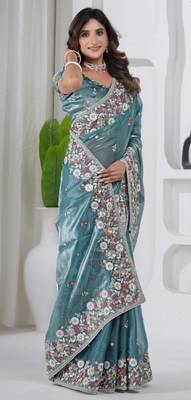 Ethnic firozi embroidery shimmer saree with unstitched blouse 3