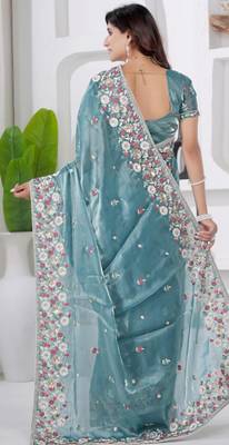 Ethnic firozi embroidery shimmer saree with unstitched blouse 4