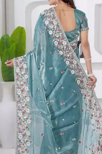 Ethnic firozi embroidery shimmer saree with unstitched blouse