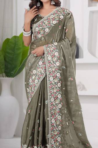 Trendy mahendi embroidery shimmer saree with unstitched blouse