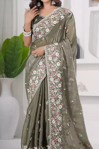 Trendy mahendi embroidery shimmer saree with unstitched blouse