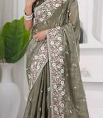 Trendy mahendi embroidery shimmer saree with unstitched blouse