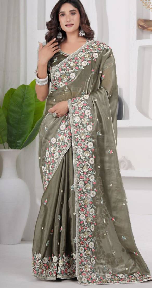 Trendy mahendi embroidery shimmer saree with unstitched blouse