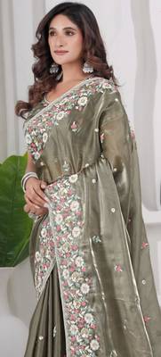 Trendy mahendi embroidery shimmer saree with unstitched blouse 2