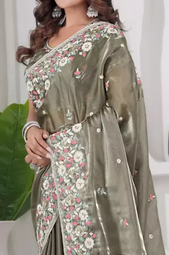 Trendy mahendi embroidery shimmer saree with unstitched blouse
