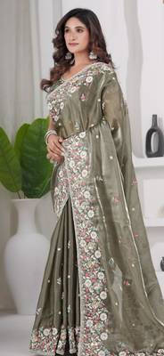 Trendy mahendi embroidery shimmer saree with unstitched blouse 3