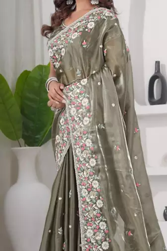 Trendy mahendi embroidery shimmer saree with unstitched blouse