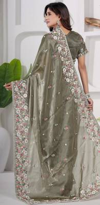 Trendy mahendi embroidery shimmer saree with unstitched blouse 4
