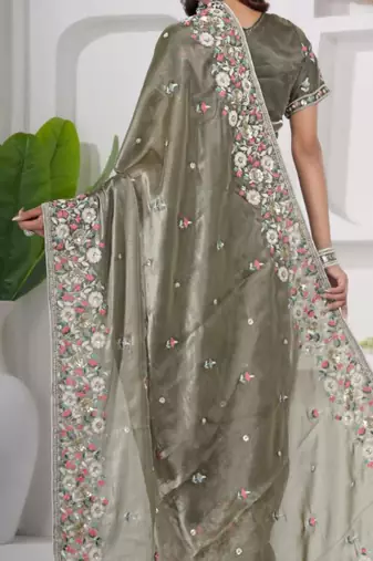 Trendy mahendi embroidery shimmer saree with unstitched blouse