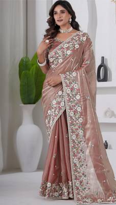 Traditional peach embroidery shimmer saree with unstitched blouse 1
