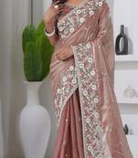 Traditional peach embroidery shimmer saree with unstitched blouse