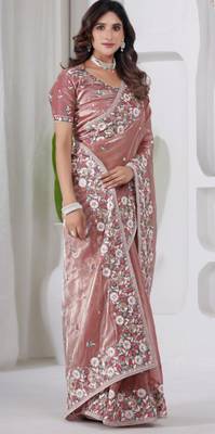 Traditional peach embroidery shimmer saree with unstitched blouse 3