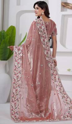 Traditional peach embroidery shimmer saree with unstitched blouse 4
