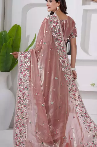 Traditional peach embroidery shimmer saree with unstitched blouse