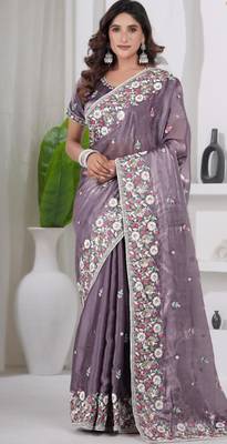 Indian purple embroidery shimmer saree with unstitched blouse 1