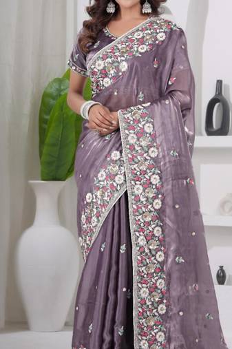 Indian purple embroidery shimmer saree with unstitched blouse