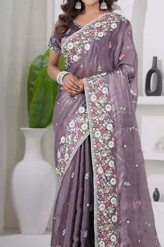 Indian purple embroidery shimmer saree with unstitched blouse