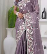 Indian purple embroidery shimmer saree with unstitched blouse