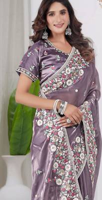 Indian purple embroidery shimmer saree with unstitched blouse 2