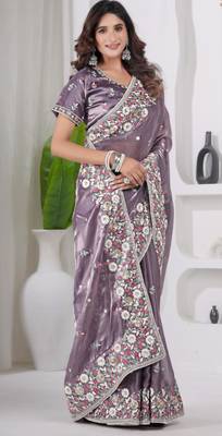 Indian purple embroidery shimmer saree with unstitched blouse 3