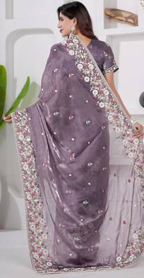 Indian purple embroidery shimmer saree with unstitched blouse 4