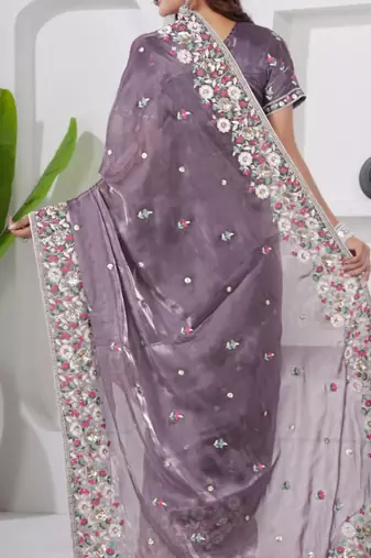 Indian purple embroidery shimmer saree with unstitched blouse