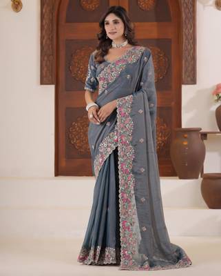 Elegance deep blue embroidered elephant shimmer saree with unstitched blouse 1