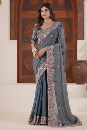 Elegance deep blue embroidered elephant shimmer saree with unstitched blouse