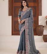 Elegance deep blue embroidered elephant shimmer saree with unstitched blouse