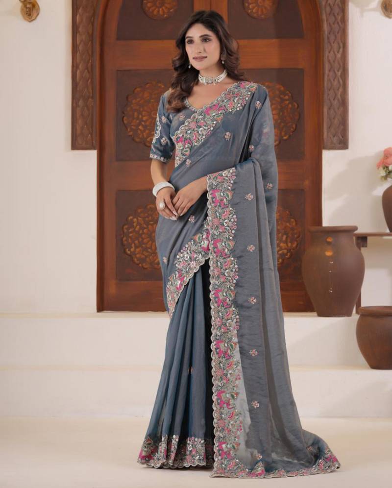 Elegance deep blue embroidered elephant shimmer saree with unstitched blouse