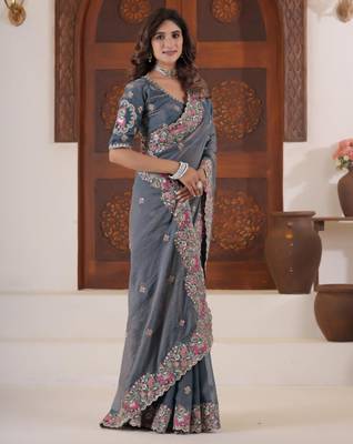 Elegance deep blue embroidered elephant shimmer saree with unstitched blouse 4