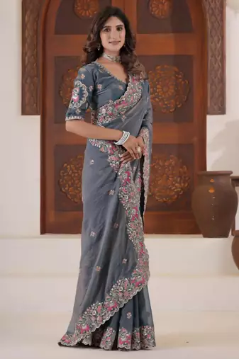Elegance deep blue embroidered elephant shimmer saree with unstitched blouse