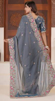 Elegance deep blue embroidered elephant shimmer saree with unstitched blouse 5