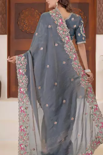 Elegance deep blue embroidered elephant shimmer saree with unstitched blouse