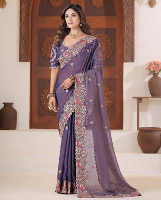 New collection deep purple embroidered elephant shimmer saree with unstitched blouse 1