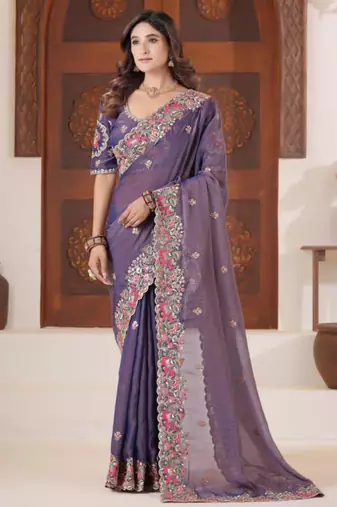 New collection deep purple embroidered elephant shimmer saree with unstitched blouse