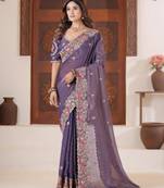 New collection deep purple embroidered elephant shimmer saree with unstitched blouse